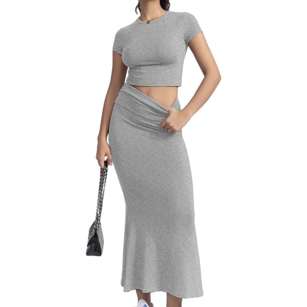 Women's Grey Two Piece Sets Sleeve Crewneck Cropped Bodycon Outfit Maxi Skirt - Picture 6 of 6